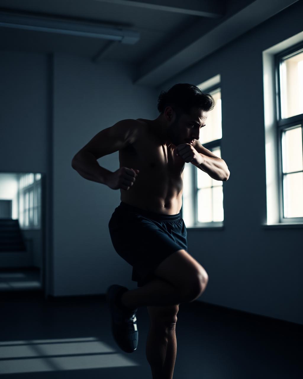 Atleta en movimiento con luz dramática